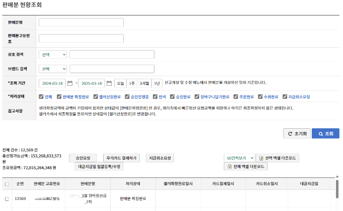 B2B 카드정산 시스템 판매분 현황조회 화면