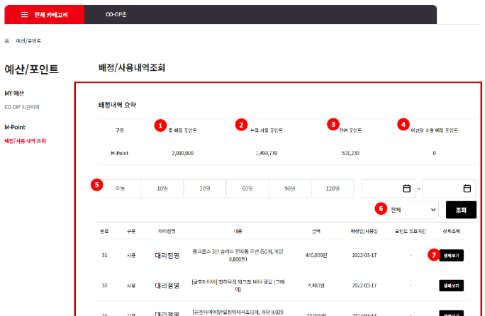 금호타이어 몰 포인트 사용내역 화면
